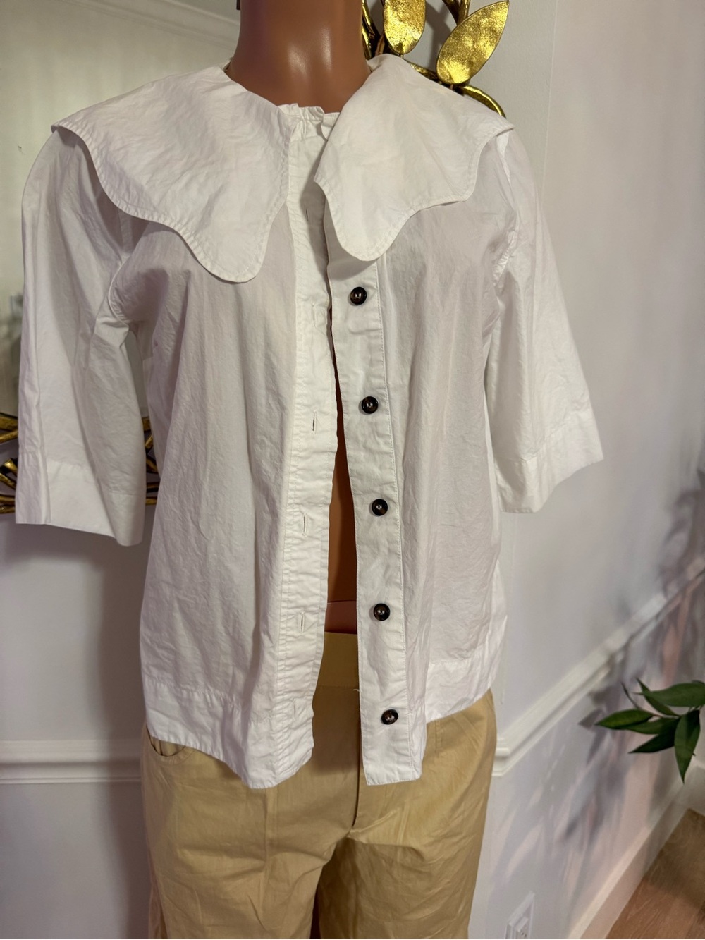 GANNI | White Button-Front Blouse with Statement Collar